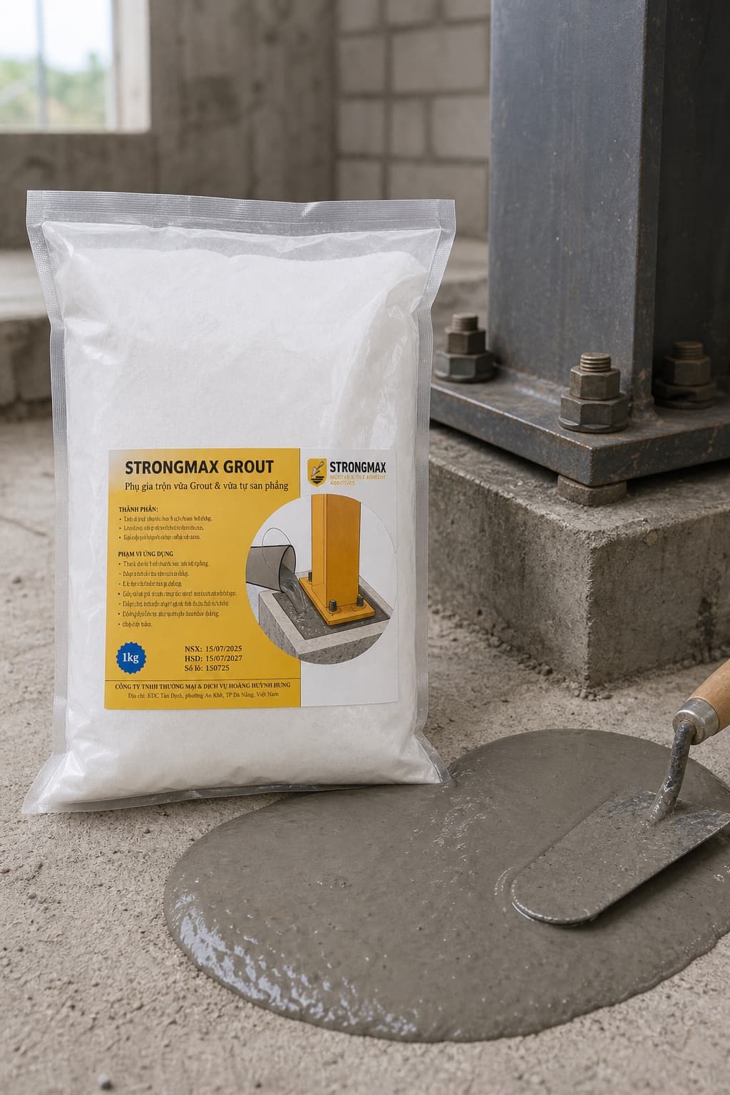 Phụ gia trộn vữa grout StrongMax Grout dùng đổ móng máy
