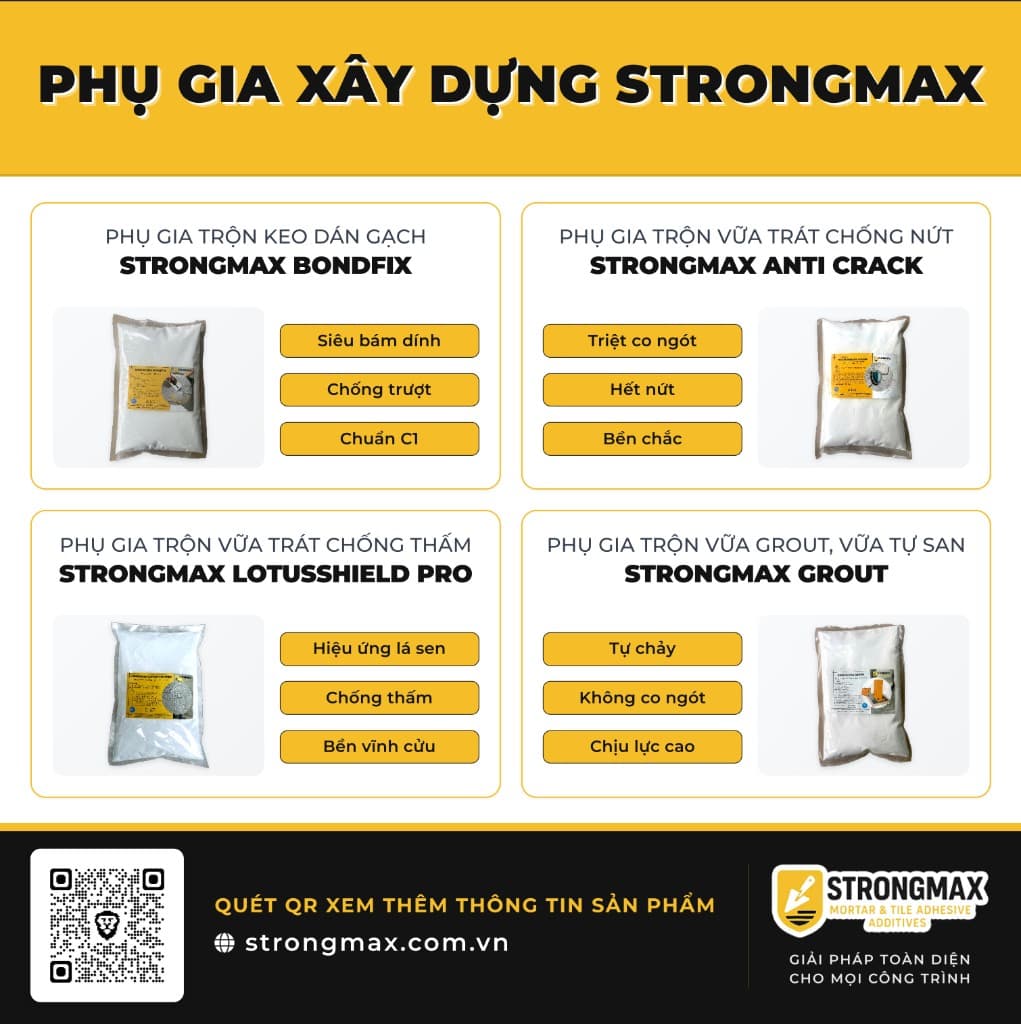 Phụ gia xây dựng StrongMax: BondFix, Anti Crack, LotusShield Pro, Grout